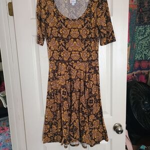 LuLaRoe Black and Mustard Floral Fit-and-Flare Midi Dress